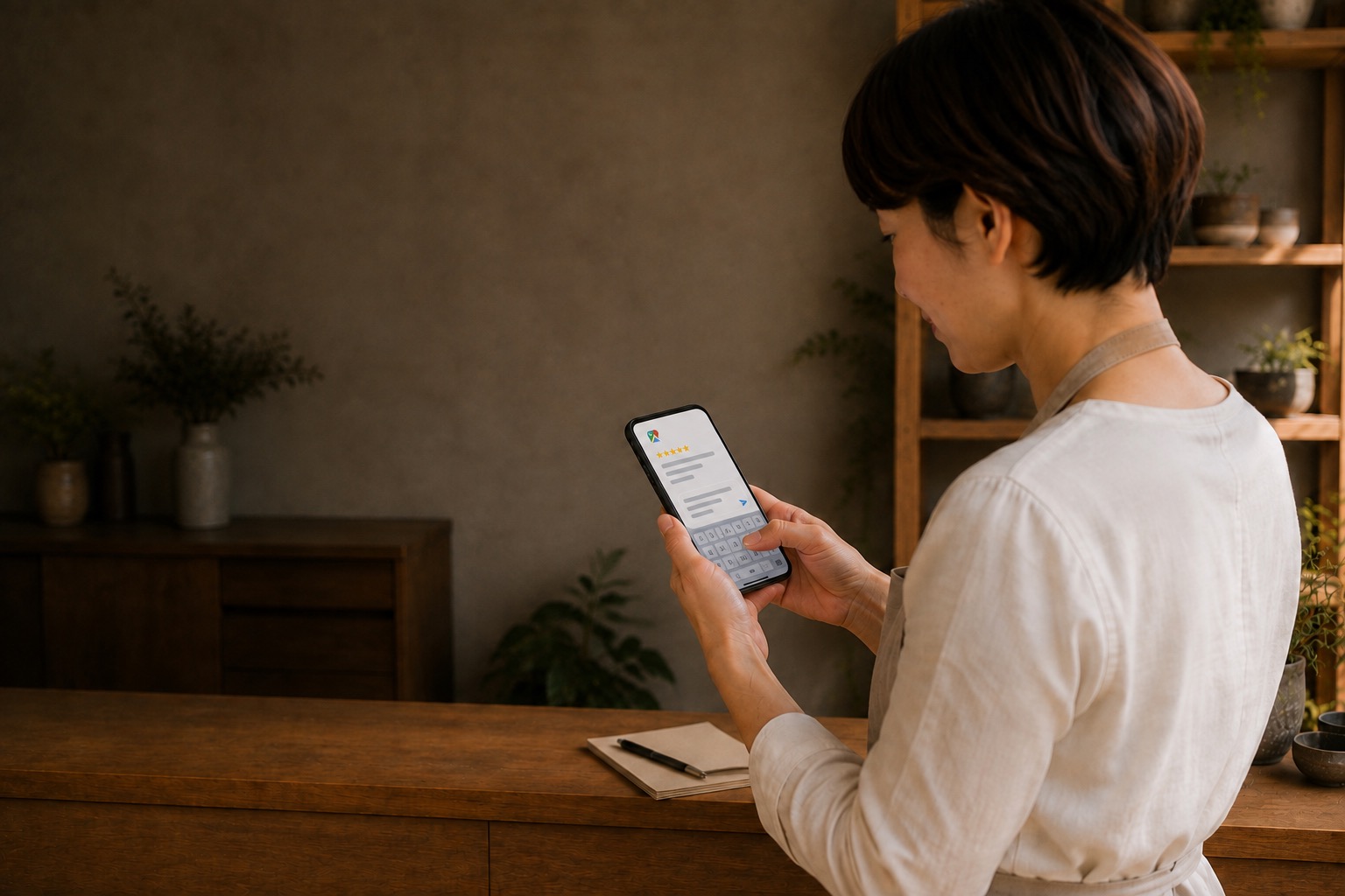 店内でスマートフォンを見ながらほほえむ店舗オーナー